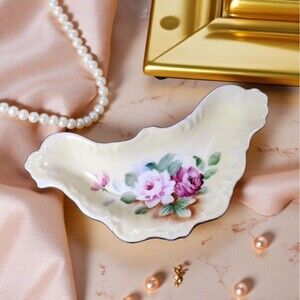Andrea by Sadek Yellow Floral Bone Dish Gold Trim 6035X Vintage Vanity Decor